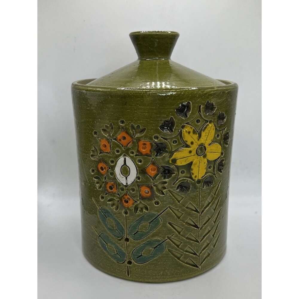 Italian Pottery Cookie Jar with Embossed Flowers by Bitossi, Green 1950s Ceramic